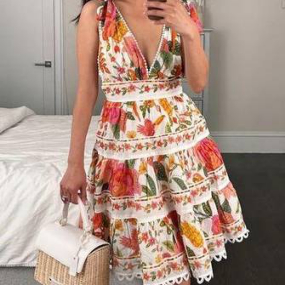 FARM Rio White Floral Mini Dress with Pink, Orange and Green Accents